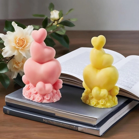 Valentine's Day 3D Stacked Heart Silicone Mold DIY Aromatherapy Candle Plaster Soap Mold Heart With Rose Base Home Decor Gift