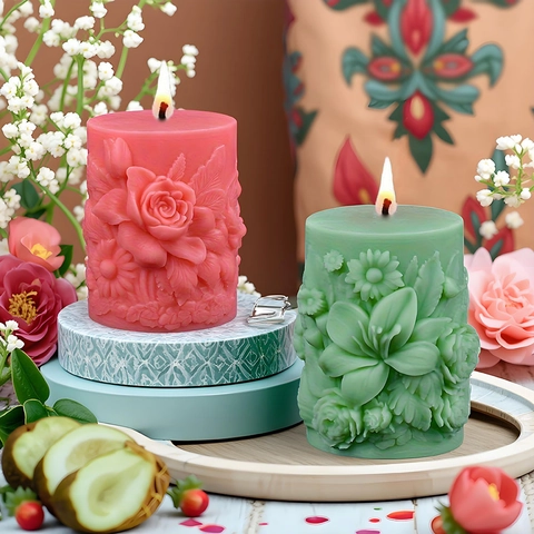 3D Relief Flower Silicone Mold Cylindrical Aromatherapy Candle Making Tool For DIY Handmade Soap Plaster Rose Lily Pattern