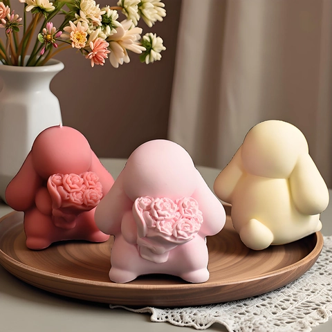 Hase Mit Rose Silikonform Für DIY Handgemachte Kerze Seife Gips Harz Handwerk Tier Kuchen Dekoration Werkzeug