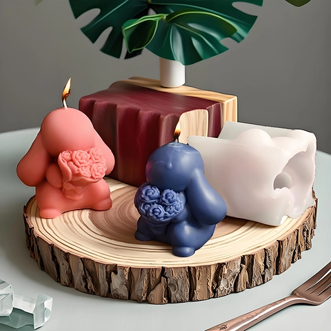 Hase Mit Rose Silikonform Für DIY Handgemachte Kerze Seife Gips Harz Handwerk Tier Kuchen Dekoration Werkzeug
