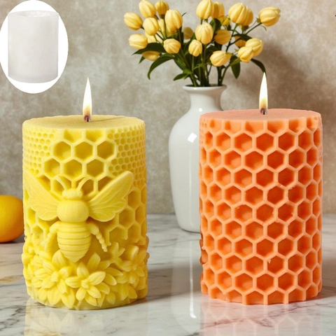 Stampo in Silicone 3D a Nido d'Ape con Ape Cilindrico a Rilievo Fiore per Candela Aromaterapia Pietra Diffusore Gesso Fai da Te