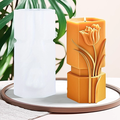 Geometric Tulip Relief Silicone Mold For 3D Scented Candle Making DIY Plaster Ornaments Flower Column Baking Cake Decoration Tools