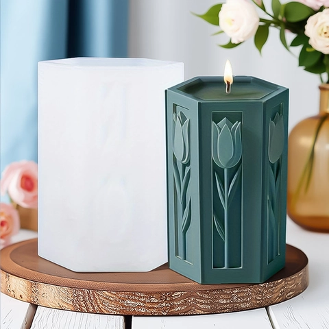 Geometric Tulip Relief Silicone Mold For 3D Scented Candle Making DIY Plaster Ornaments Flower Column Baking Cake Decoration Tools