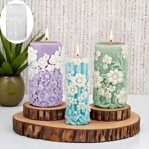 Silicone Embossed Bouquet Cylindrical Mold For DIY Handmade Floral Scented Candle Plaster Cake Baking Ornament Decor