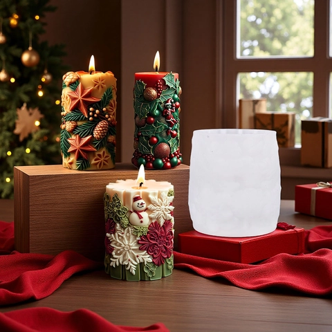 Christmas Themed Cylindrical Silicone Candle Mold For DIY Handmade Scented Candles Snowman Santa Pinecone Star Resin Mold