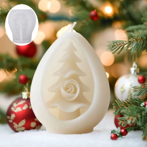 3D Hollow Christmas Tree Silicone Mold For DIY Scented Candle Gypsum Ornament Making Egg Shaped Christmas Tree Rose Design Baking Mold