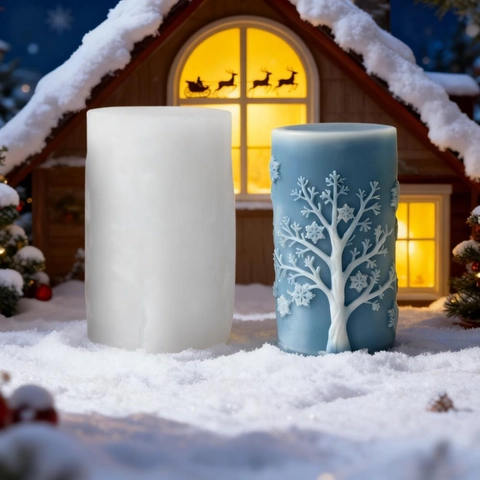 Molde de Silicona Cilíndrico de Árbol de Copos de Nieve de Navidad para Velas Aromáticas DIY Decoración Artesanal