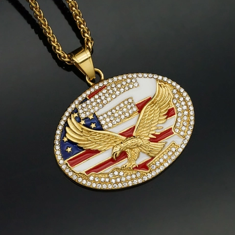 Hip Hop Stainless Steel American Flag Eagle Pendant For Men Women Rhinestone Enamel Pendant Only Jewelry