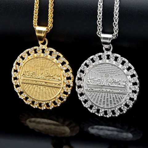 Collar con Colgante de La Última Cena de Acero Inoxidable para Hombre Mujer Oro Plata Chapado Strass Redondo Joyería Religiosa