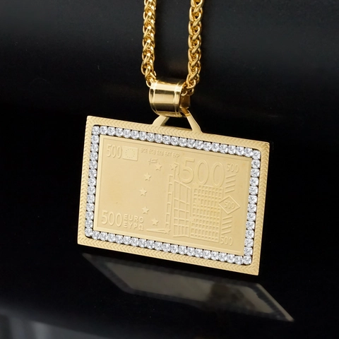 Ciondolo Banconota da 500 Euro Hip Hop Acciaio Inossidabile Placcato Oro Strass Rettangolo Senza Catena Gioielli