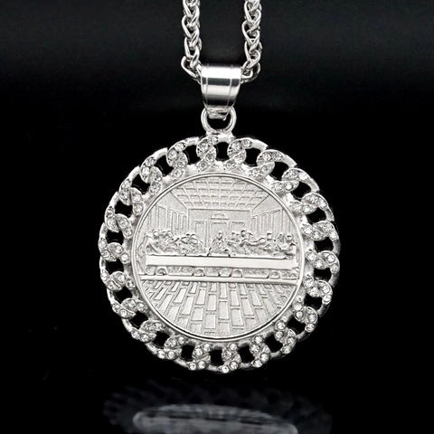 Collar con Colgante de La Última Cena de Acero Inoxidable para Hombre Mujer Oro Plata Chapado Strass Redondo Joyería Religiosa