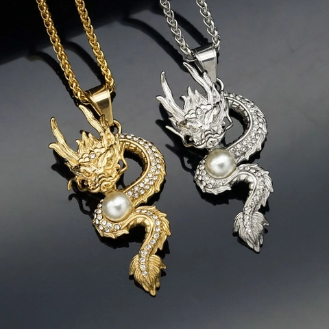 Antique Stainless Steel Dragon Pendant With Artificial Pearl Rhinestone Inlaid Chinese Style Electroplated Jewelry Accessory