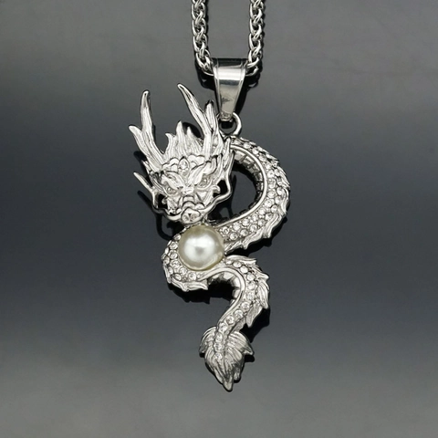 Antique Stainless Steel Dragon Pendant With Artificial Pearl Rhinestone Inlaid Chinese Style Electroplated Jewelry Accessory