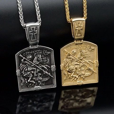 Vintage Stainless Steel Saint George Slaying The Dragon Pendant Necklace For Men Religious Cross Shield Hip Hop Jewelry