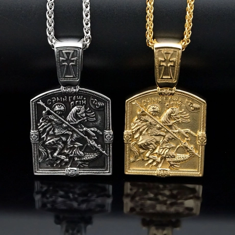 Vintage Stainless Steel Saint George Slaying The Dragon Pendant Necklace For Men Religious Cross Shield Hip Hop Jewelry