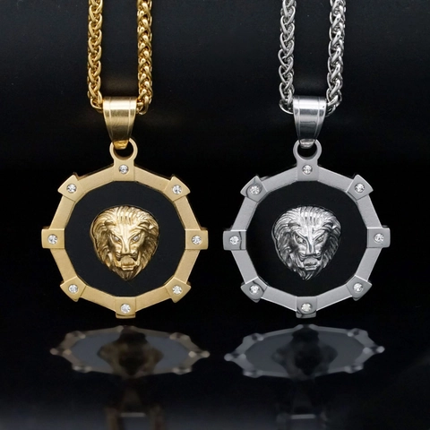 Hip Hop Stainless Steel Lion Head Pendant Necklace For Men Women Frosted Polished Rhinestone Gear Shape Jewelry Gift