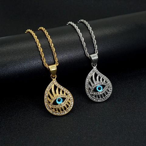 Hip Hop Stainless Steel Evil Eye Pendant Necklace Teardrop Hollow Rhinestone Inlaid Gold Plated Personalized Men Women Jewelry