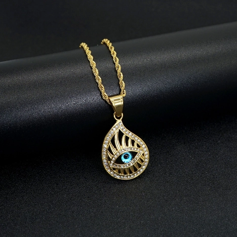 Hip Hop Stainless Steel Evil Eye Pendant Necklace Teardrop Hollow Rhinestone Inlaid Gold Plated Personalized Men Women Jewelry