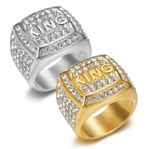Hip Hop Stainless Steel King Letter Signet Ring Iced Out Rhinestone Square Finger Ring For Men Punk Jewelry Gift