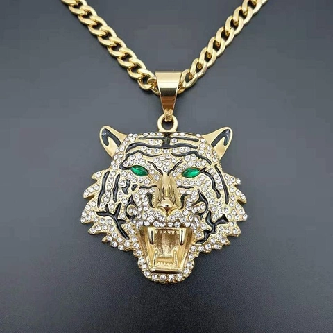 Hip Hop Stainless Steel Tiger Head Bottle Opener Pendant Necklace Rhinestone Inlaid Gold Silver Jewelry For Men