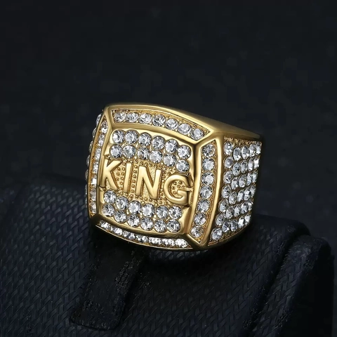 Hip Hop Stainless Steel King Letter Signet Ring Iced Out Rhinestone Square Finger Ring For Men Punk Jewelry Gift