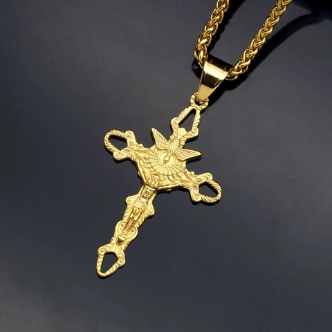 Ciondolo a Croce in Acciaio Inossidabile Placcato Oro Senza Catena Hip Hop Religioso Crocifisso Gesù Gioielli