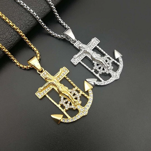 Hip Hop Stainless Steel Jesus Cross Anchor Pendant Gold Silver Plated Rhinestone Inlaid Religious Nautical Pendant For Men Jewelry