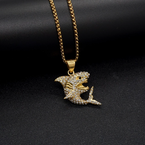 Pendentif Requin en Acier Inoxydable Hip Hop Iced Out Pendentif Seul Sans Chaîne Or Argent Strass Bijoux Requin Animal