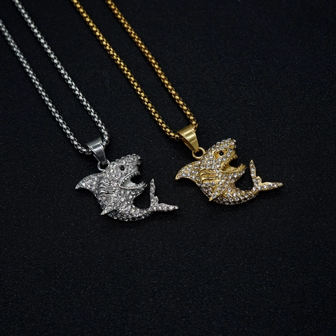 Pendentif Requin en Acier Inoxydable Hip Hop Iced Out Pendentif Seul Sans Chaîne Or Argent Strass Bijoux Requin Animal