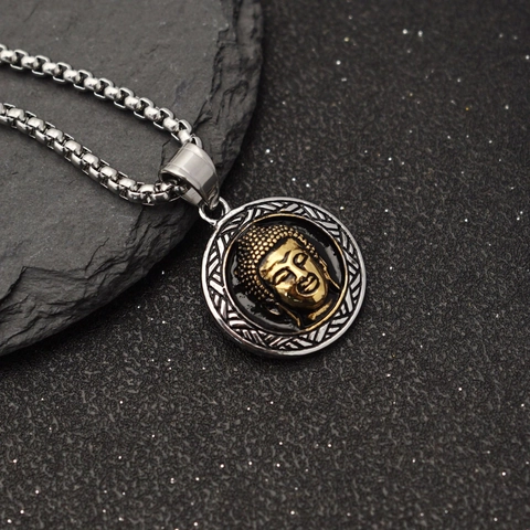 Retro Titanium Steel Buddha Head Pendant Necklace For Men Round Gold Relief Buddha Statue Hip Hop Religious Jewelry