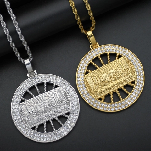 Hip Hop The Last Supper Pendant Stainless Steel Round Religious Medallion Rhinestone Inlaid Electroplated Jewelry Accessory Without Chain