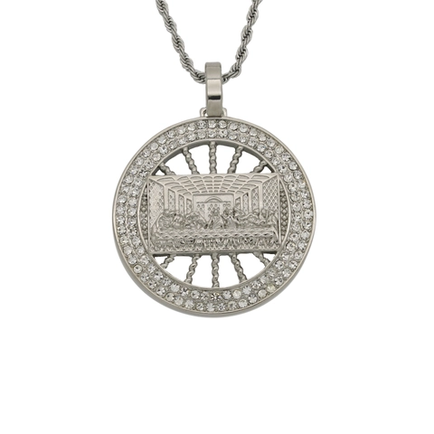 Hip Hop The Last Supper Pendant Stainless Steel Round Religious Medallion Rhinestone Inlaid Electroplated Jewelry Accessory Without Chain