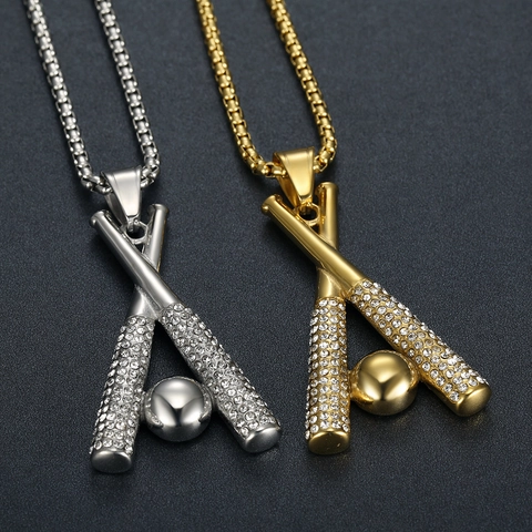 Collier À Pendentif Batte De Baseball En Acier Inoxydable Hip Hop Pour Hommes Strass Plaqué Or Argent Bijoux De Sport Cadeau