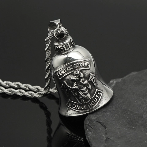 Vintage Stainless Steel Saint Christopher Guardian Bell Pendant Necklace For Men Biker Punk Religious Jewelry Gift