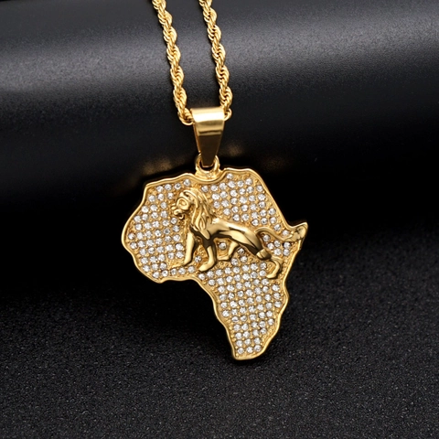 Hip Hop Africa Map Lion Pendant Gold Plated Stainless Steel Pave Rhinestone Iced Out Pendant Only Without Chain For Men