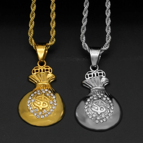 Hip Hop Stainless Steel Money Bag Pendant Necklace Gold Plated Rhinestone Dollar Sign Charm Rope Chain Fashion Jewelry