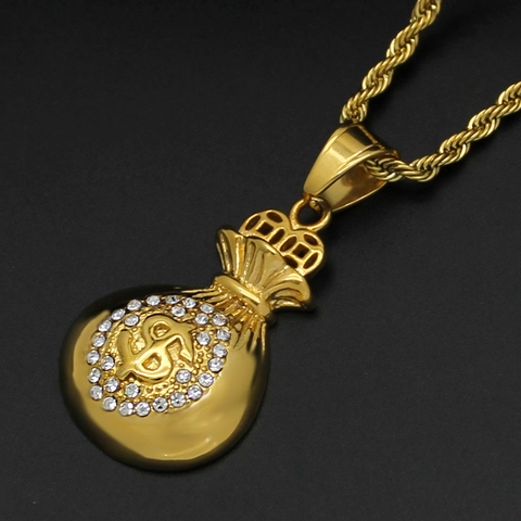 Hip Hop Stainless Steel Money Bag Pendant Necklace Gold Plated Rhinestone Dollar Sign Charm Rope Chain Fashion Jewelry