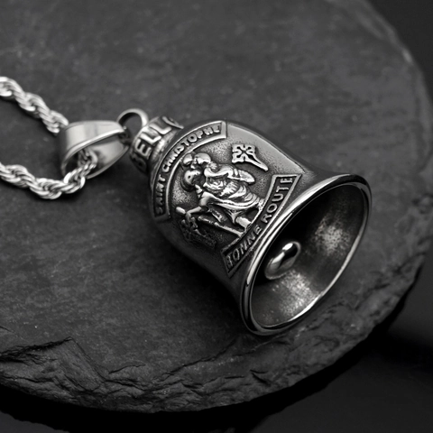Vintage Stainless Steel Saint Christopher Guardian Bell Pendant Necklace For Men Biker Punk Religious Jewelry Gift