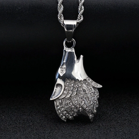 Hip Hop Stainless Steel Wolf Head Pendant Only Without Chain For Men Women Rhinestone Inlaid Animal Charm Jewelry Gift