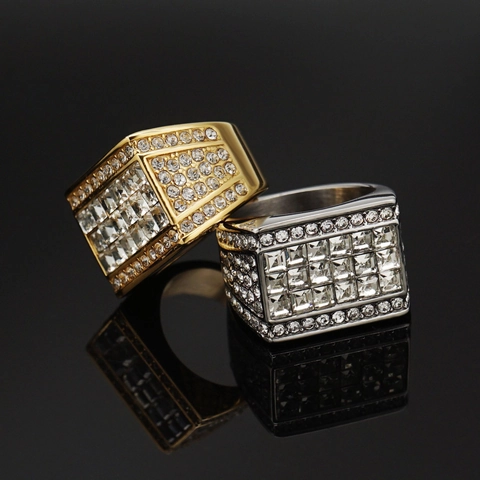 Anillo Hip Hop de Lujo de Acero Inoxidable con Strass para Hombre Iced Out Cuadrado Pave Signet Ring Oro Plata Joyería Moda