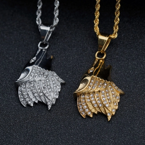 Hip Hop Stainless Steel Wolf Head Pendant Only Without Chain For Men Women Rhinestone Inlaid Animal Charm Jewelry Gift