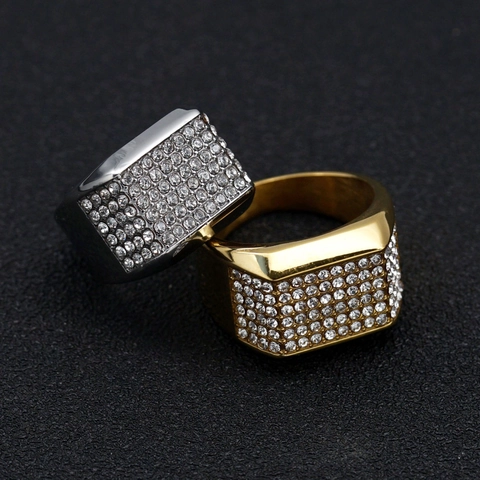 Iced Out Hip Hop Stainless Steel Men's Ring Square Pave Rhinestone Individual Punk Party Jewelry Finger Ring Gold Silver