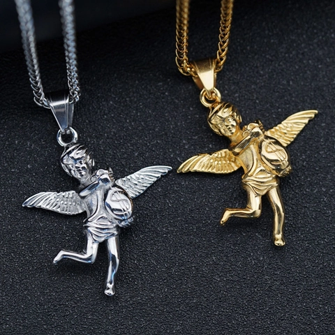 Hip Hop 316 Stainless Steel Angel Holding Money Bag Pendant Dollar Sign Polished Retro Jewelry Accessory No Chain