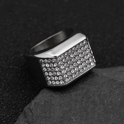 Iced Out Hip Hop Stainless Steel Men's Ring Square Pave Rhinestone Individual Punk Party Jewelry Finger Ring Gold Silver