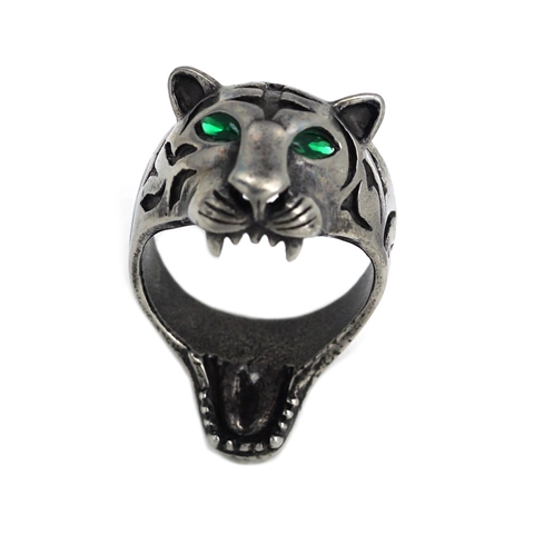 Vintage 316 Stainless Steel Tiger Head Ring For Men Punk Rock Animal Green Rhinestone Eye Biker Band Ring Jewelry Gift