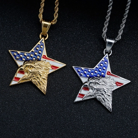 Eagle Head Pendant Necklace American Flag Enamel 316L Stainless Steel Rhinestone Hip Hop Jewelry For Men Patriotic