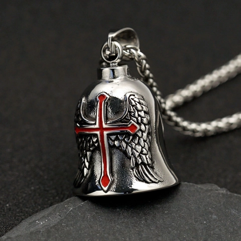 Vintage Viking Punk Locomotive Bell Pendant Stainless Steel Exorcism Bell Cross Skull Pattern Guardian Bell For Men Jewelry