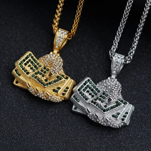 316 Stainless Steel Hip Hop Money Stack Pendant Necklace Iced Out Rhinestone Hand Grip Dollar Bill Necklace Jewelry For Men Women