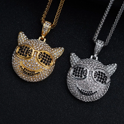 Collar Colgante Diablo Emoji Hip Hop Iced Out Acero Inoxidable 316 Gafas de Sol Sonrisa Pavé Strass Joyería Hombre