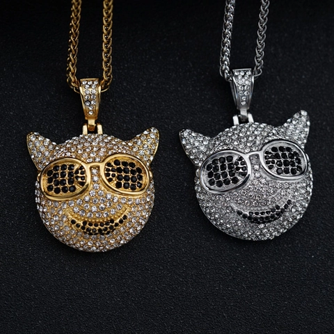 Collar Colgante Diablo Emoji Hip Hop Iced Out Acero Inoxidable 316 Gafas de Sol Sonrisa Pavé Strass Joyería Hombre